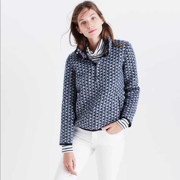 Harmonica Madewell wool pullover large EUC diamond print blue boxy pockets - Picture 4 of 11